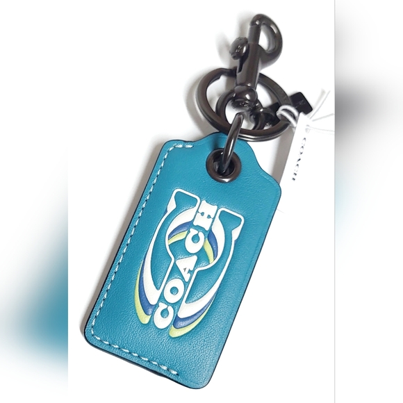 Coach Bottle Opener Key Fob with Stamp Keychain JI/Teal Multi Leather NWT - Picture 2 of 16
